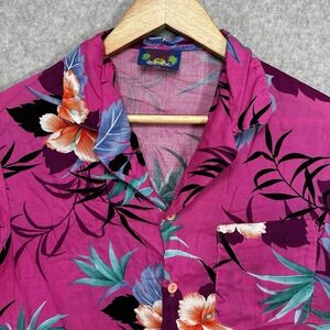 HAWAII BLUES Vintage Mens Aloha Shirt Floral Tropical Pink Rayon Hawaiian Medium